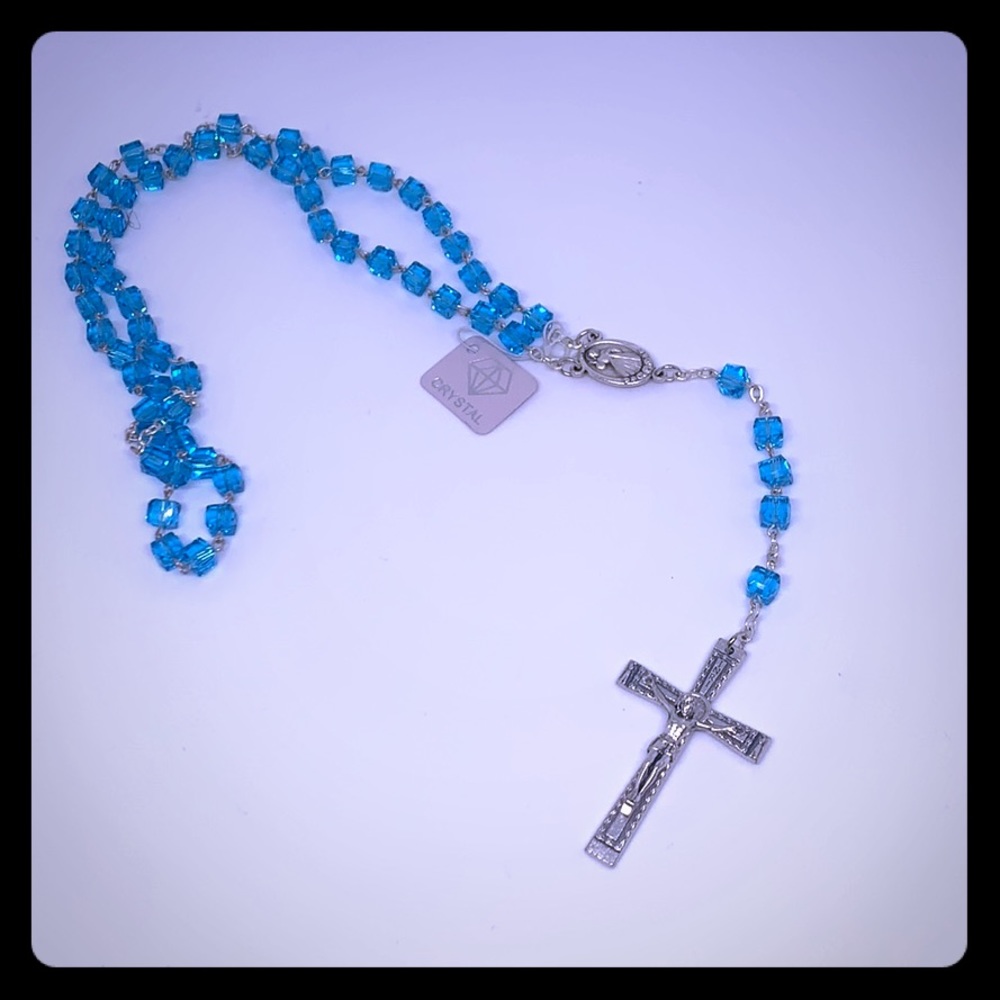 Vintage Crystal Blue Chrystal beads Catholic cross